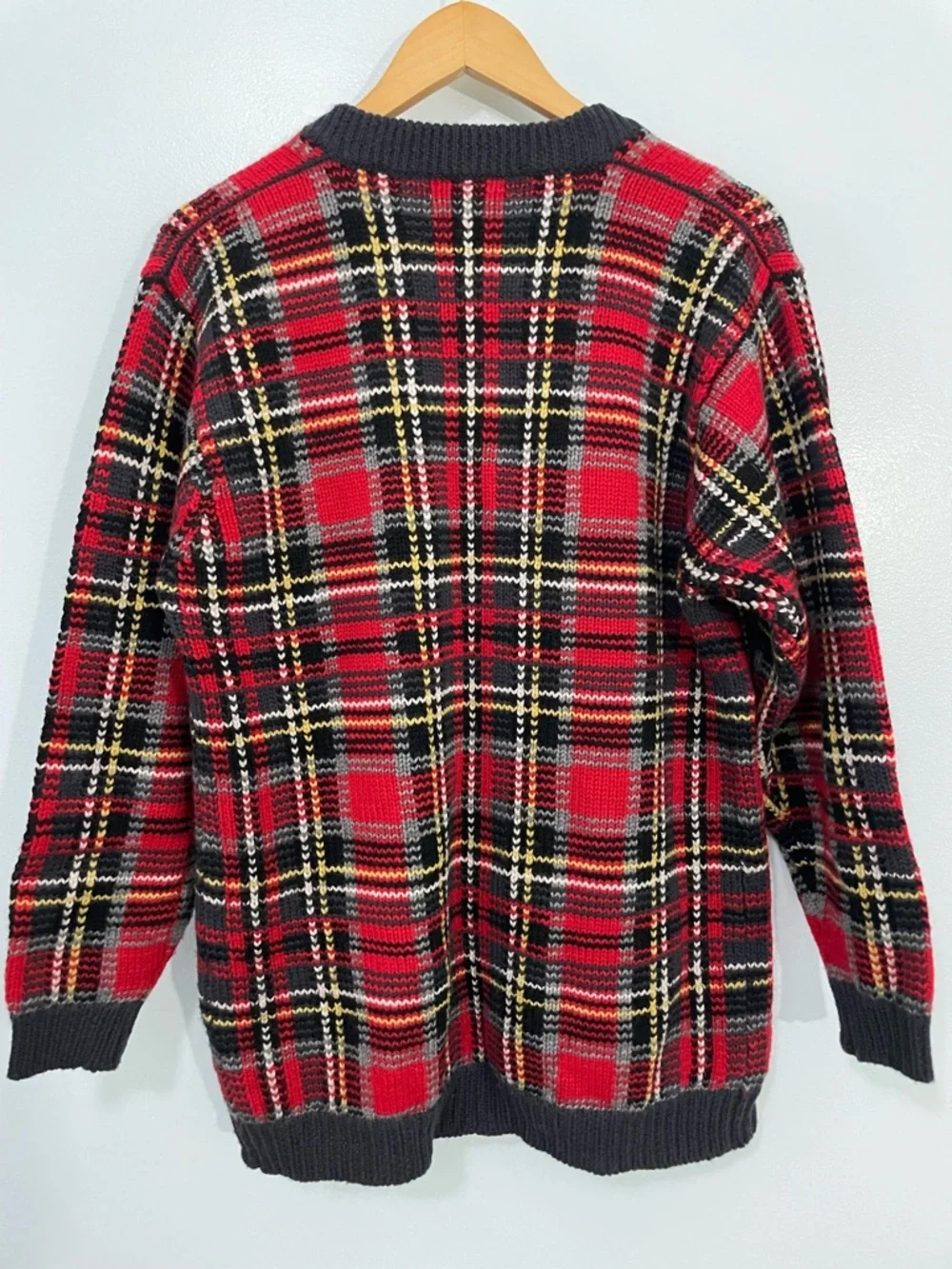 Vintage Wool Red Plaid Button-Up Cardigan with charcoal Trim M